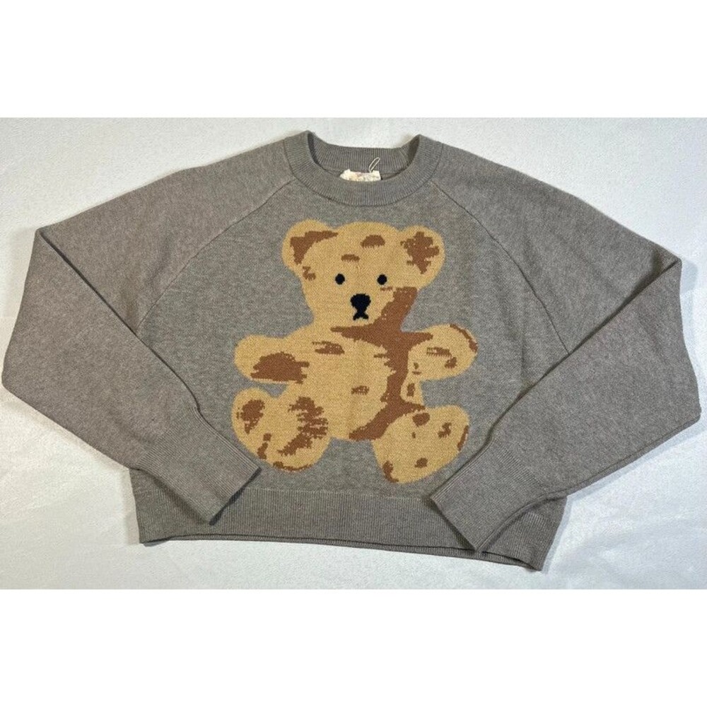 Hippie Rose Teddy Bear Graphic Sweater Women’s Small Gray Knit Pullove